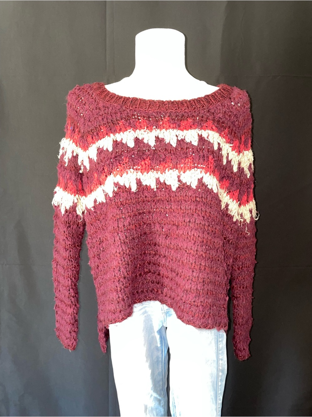 Free People Burgundy Crewneck Sweater with Cream & Red Zigzag